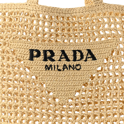 Prada Yarn Raffia Effect Crochet Logo Embroidered Tote Bag Naturale 6 of 8