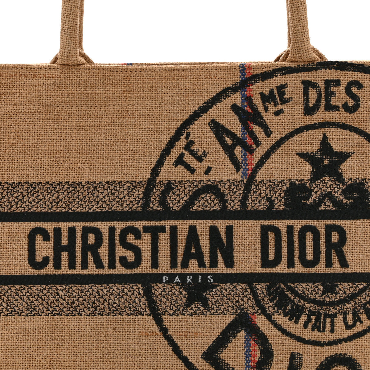 Canvas Jute Embroidered Medium Book Tote Black Beige