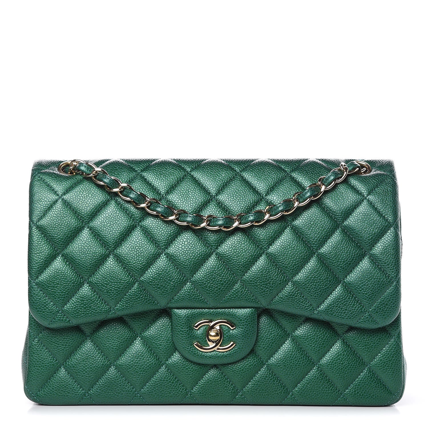 Chanel Metallic Caviar Quilted Jumbo Double Flap Green 1 of 13
