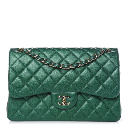 Chanel Metallic Caviar Quilted Jumbo Double Flap Green 1 of 13