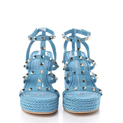 Valentino Garavani Calfskin Rockstud Ankle Strap Torchon Espadrille Caged 25/90mm Wedge Sandals 37 Cerulean 2 of 7