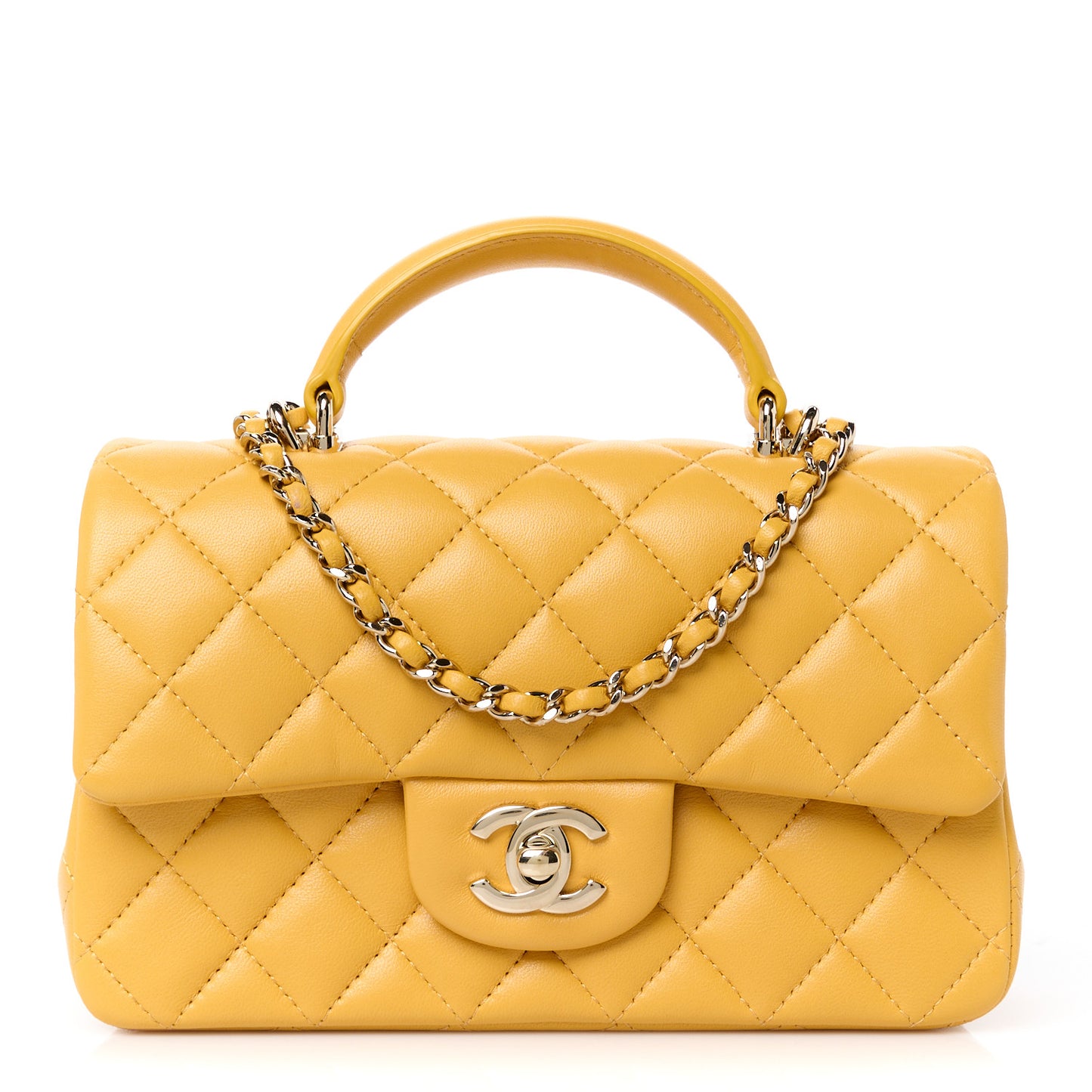 Lambskin Quilted Mini Top Handle Rectangular Flap Yellow