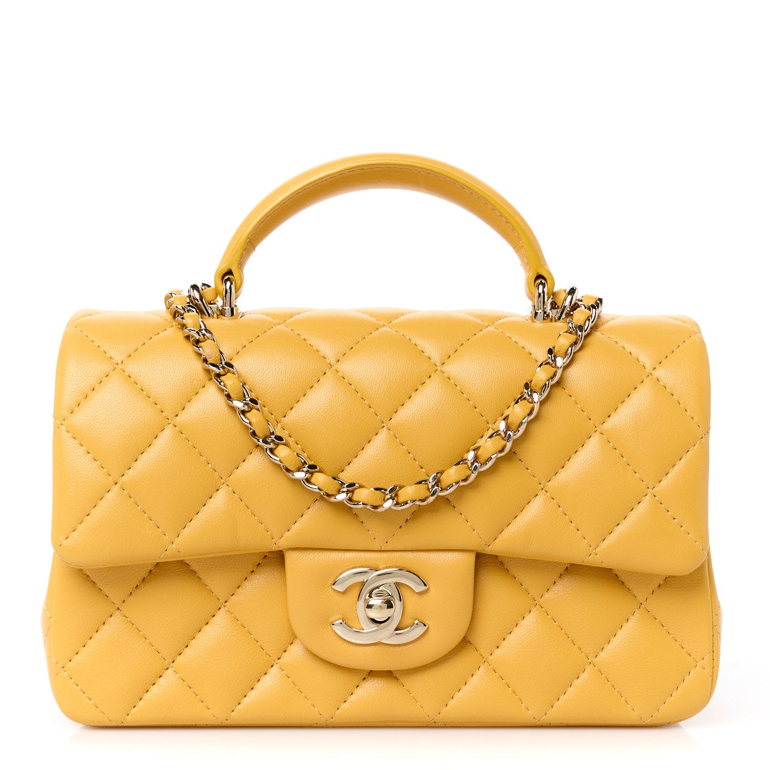 Chanel Lambskin Quilted Mini Top Handle Rectangular Flap Yellow 1 of 12