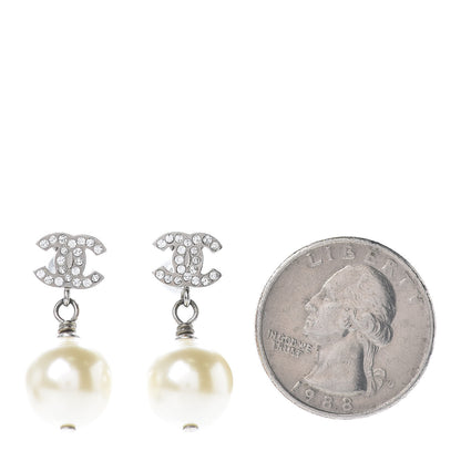 Chanel Crystal Pearl CC Drop Earrings Silver Pearly White 2 of 5