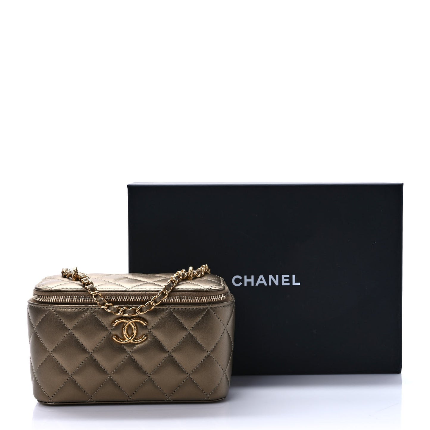 Metallic Lambskin Quilted Small CC Dynasty Vanity Case With Chain Gold
