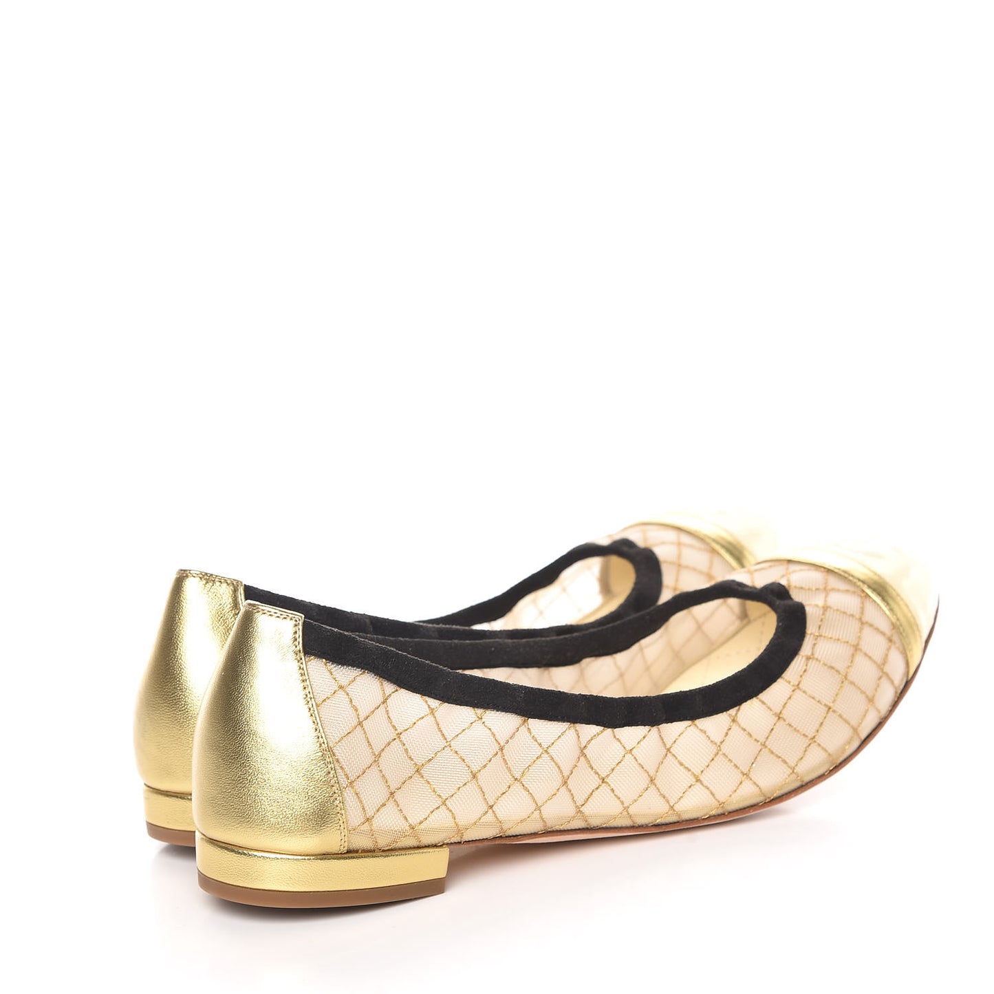 Lambskin Mesh Quilted CC Cap Toe Ballerina Flats 39.5 Light Beige Gold White
