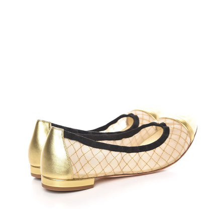 Chanel Lambskin Mesh Quilted CC Cap Toe Ballerina Flats 39.5 Light Beige Gold White 4 of 9