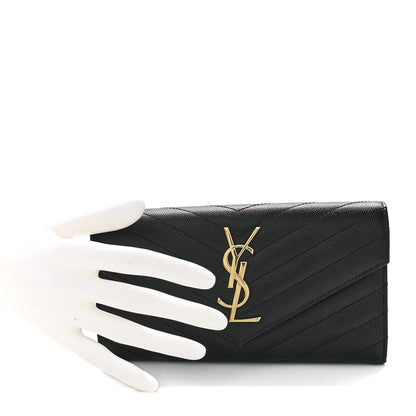 Saint Laurent Grain De Poudre Matelasse Chevron Monogram Flap Wallet Black 2 of 11