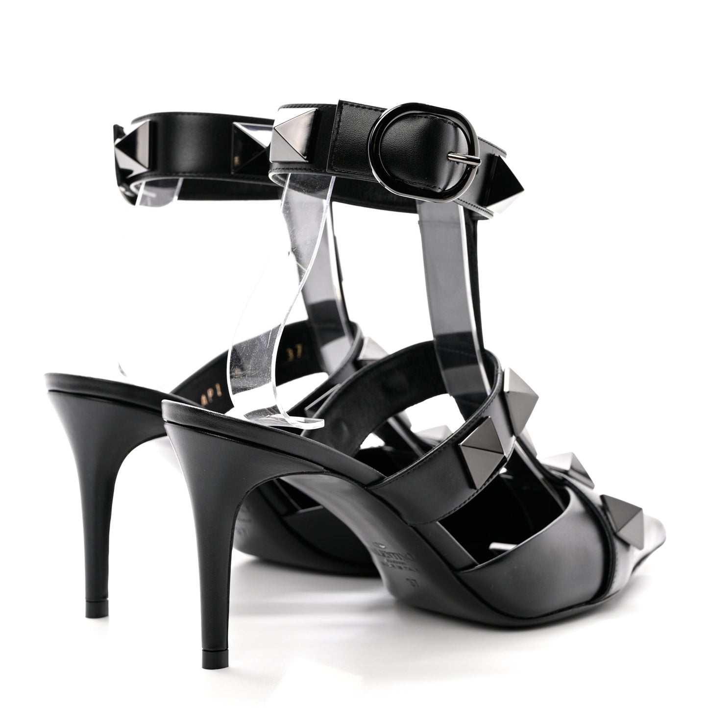 Calfskin Monochrome Roman Stud Ankle Strap 80mm Pumps 37 Black