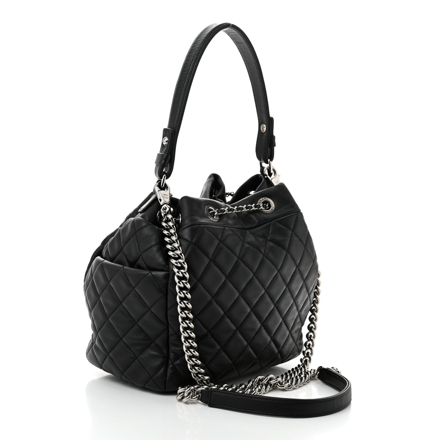Lambskin Quilted CC Chain Drawstring Tote Black