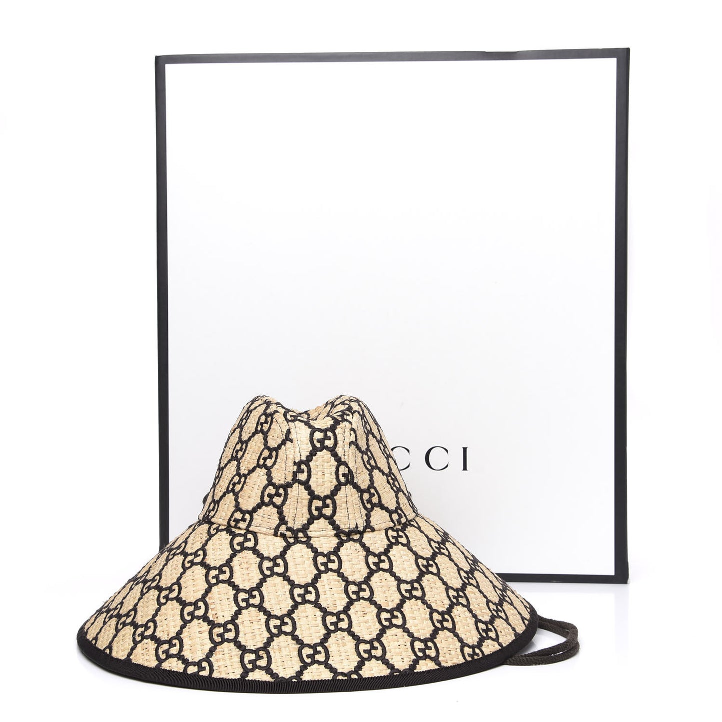 Raffia Elaphe GG Monogram Embroidered Wide Brim Hat Ivory Black