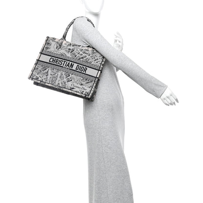 Christian Dior Canvas Embroidered Medium Plan De Paris Book Tote Grey Black 2 of 13