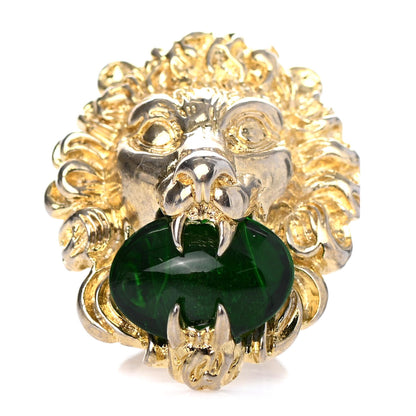 Gucci Metal Crystal Lion Head Ring Green 8.25 Aged Gold 1 of 4