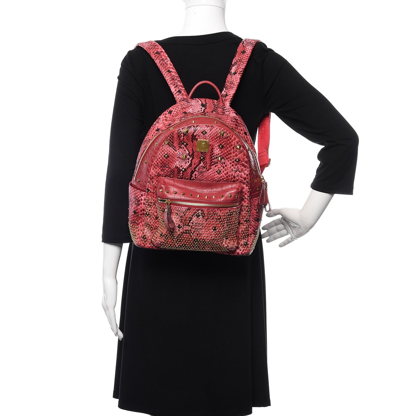 Snakeskin Embossed Visetos Studded Small Stark Backpack Red Pink