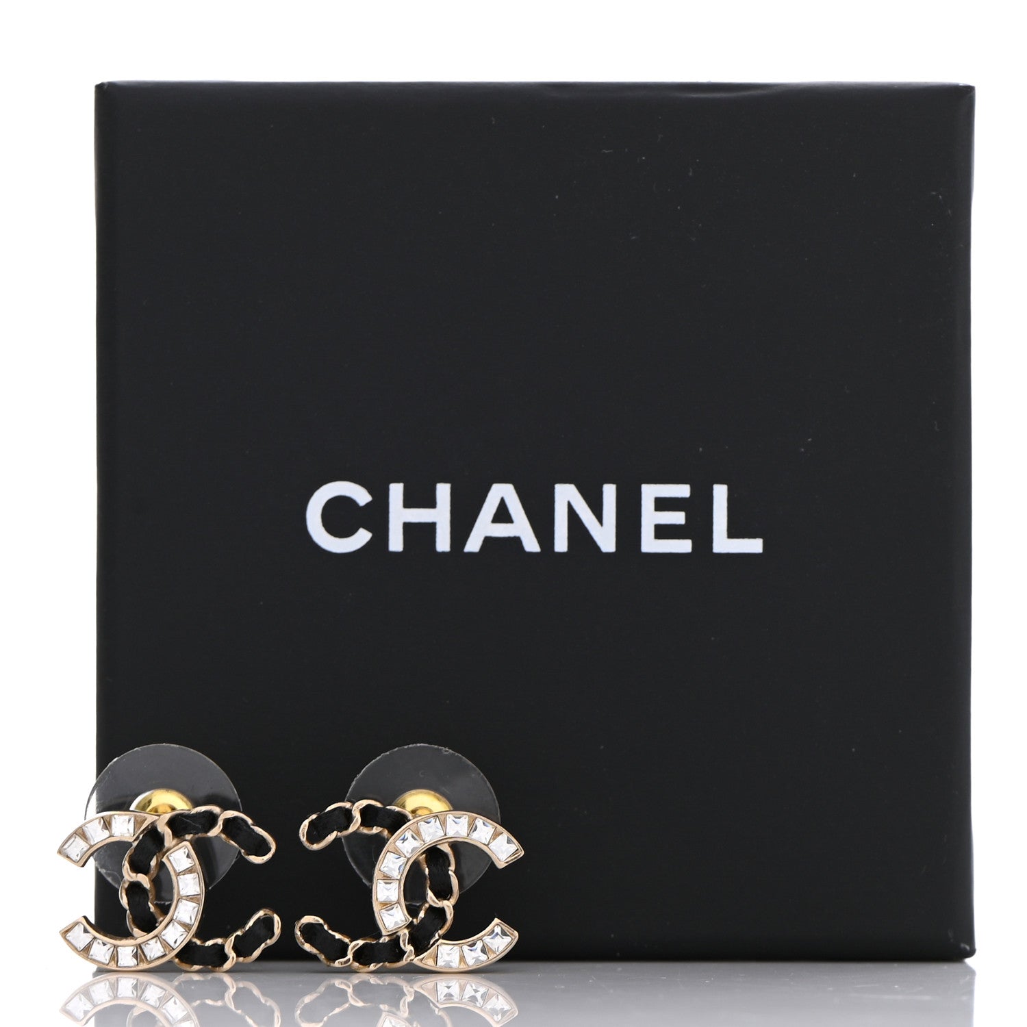 Chanel Crystal Baguette Lambskin Chain CC Vintage Allure Stud Earrings Black Gold 5 of 5