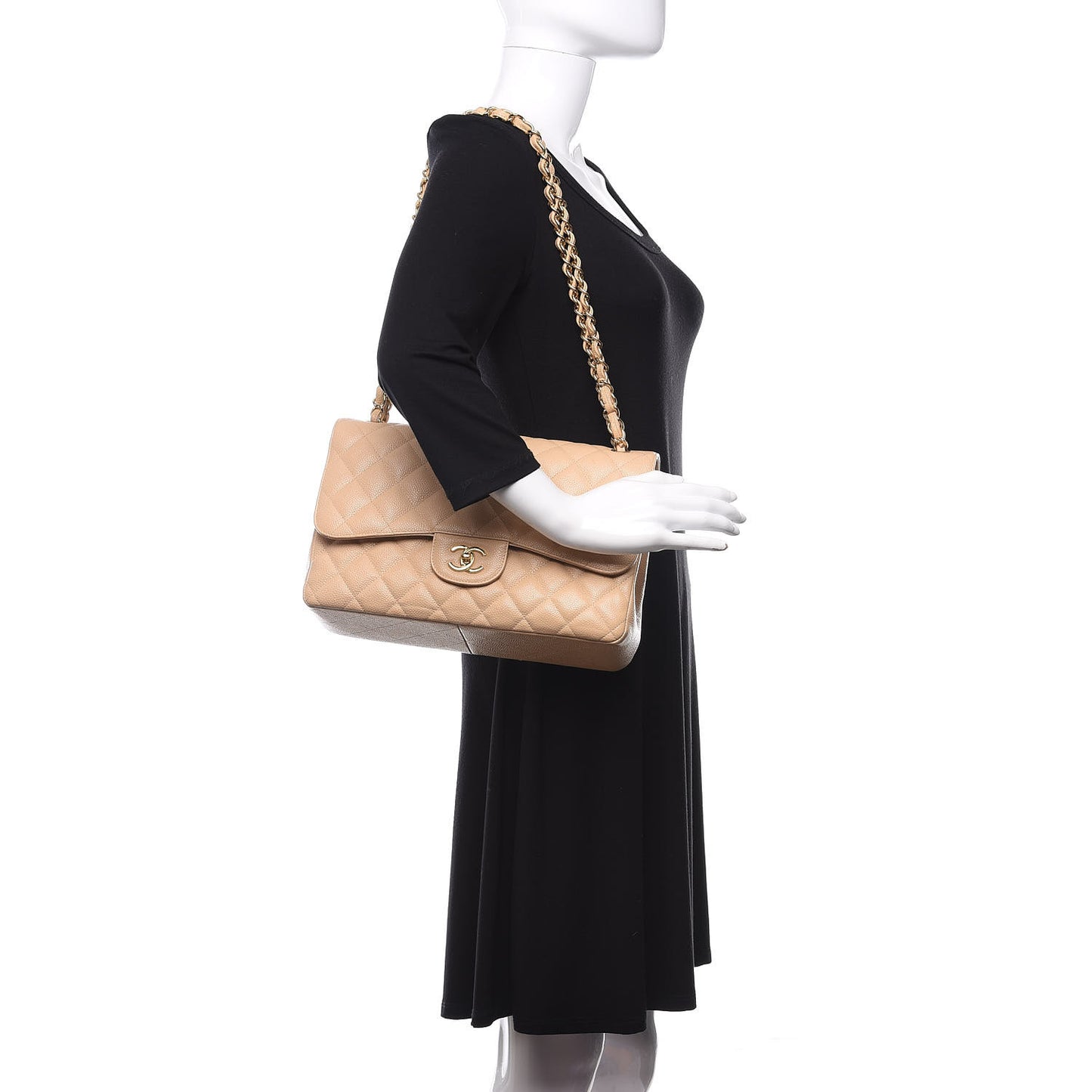 Caviar Quilted Jumbo Double Flap Light Beige