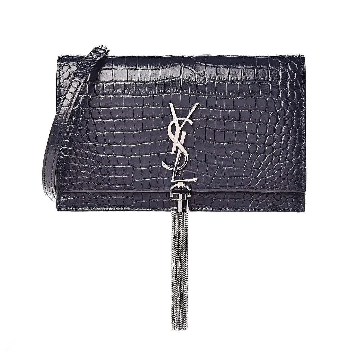 Calfskin Crocodile Embossed Kate Monogram Tassel Chain Wallet Deep Marine