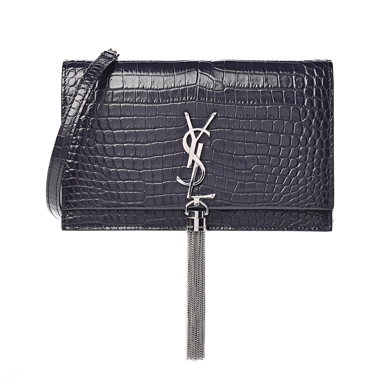 Saint Laurent Calfskin Crocodile Embossed Kate Monogram Tassel Chain Wallet Deep Marine 1 of 9