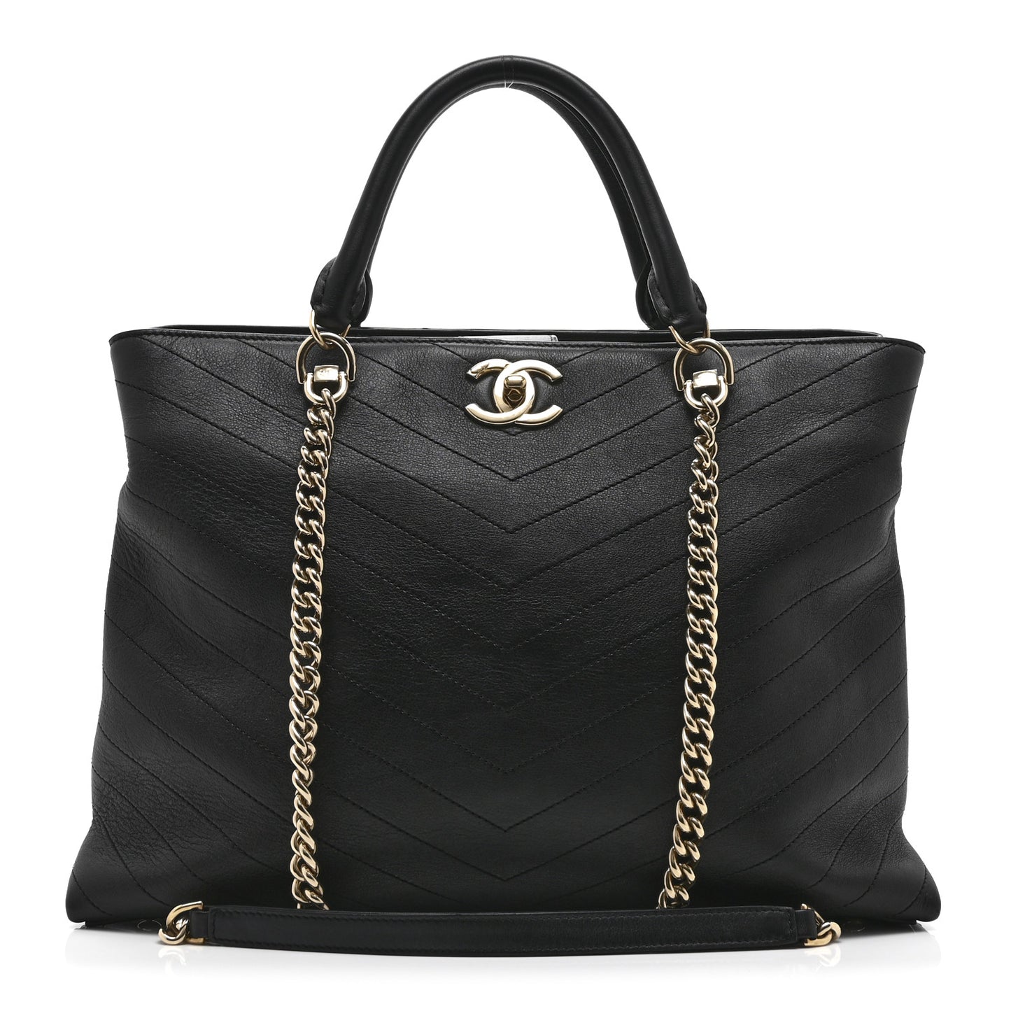 Calfskin Chevron Quilted Large Shopping Tote Black