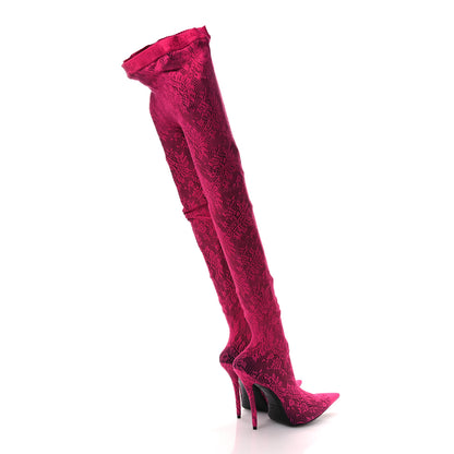 Balenciaga Lace Jersey Pantaleggings Pointed Toe Knife Thigh High Boots 39 Black Pink 5 of 10