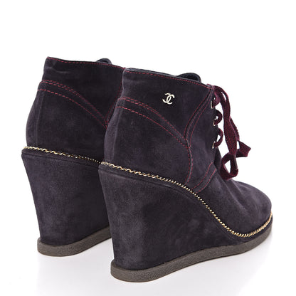 Chanel Suede Lace Up Wedge Booties 39 Navy 4 of 8