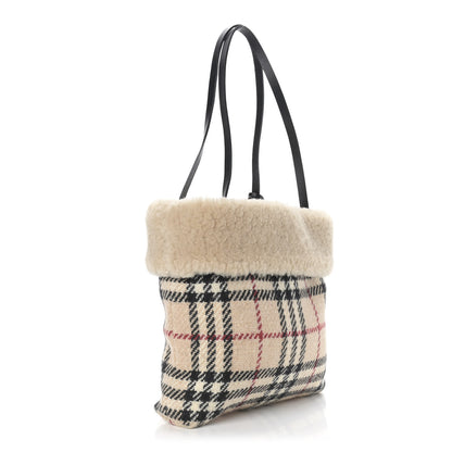 Burberry Shearling Wool Check Bag Beige 3 of 8