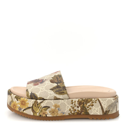 Gucci GG Supreme Monogram Water Flora Angelina Platform Slide Sandals 37.5 Beige White Multicolor 1 of 9