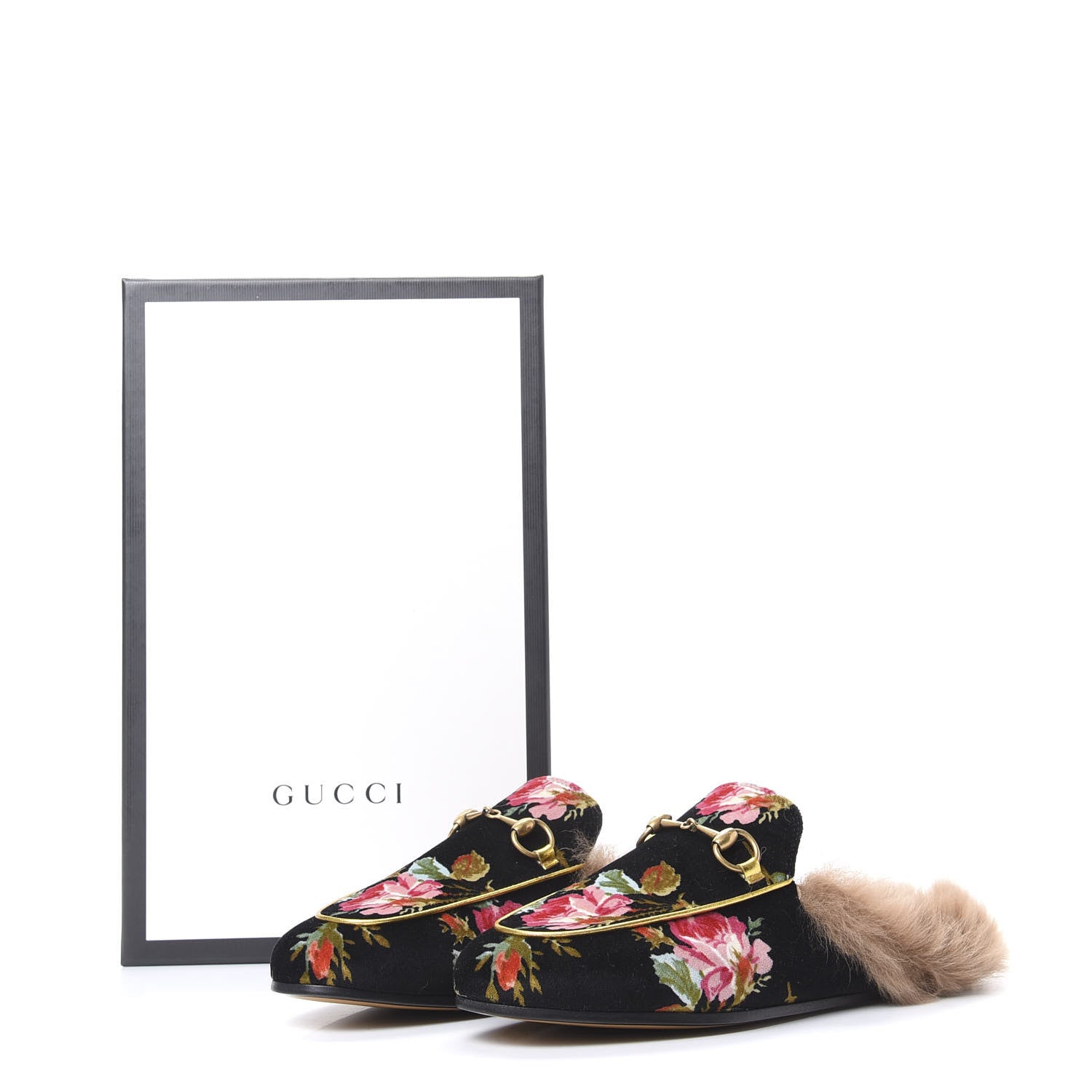 Gucci Velvet Fur Floral Womens Princetown Slippers 37 Black 8 of 8