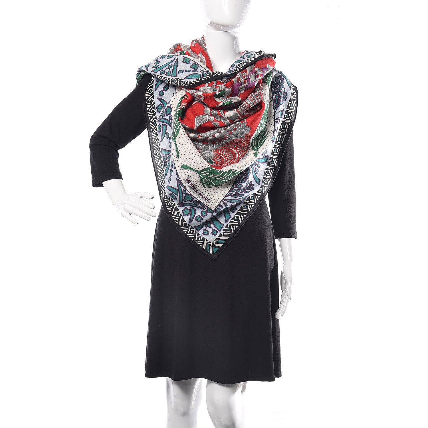 Hermes Cashmere Silk Zenobie Reine de Palmyre Shawl 140 Rouge Gris Vert 3 of 13