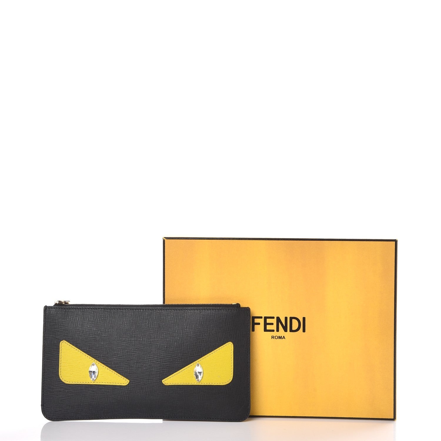 Fendi Vitello Elite Crystal Monster Eyes Zip Pouch Black Cedro