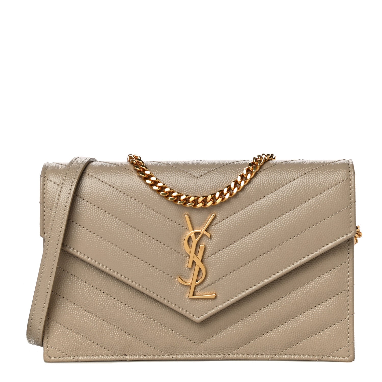 Saint Laurent Grain De Poudre Matelasse Chevron Monogram Envelope Chain Wallet Dark Beige 1 of 11