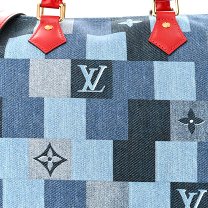 Louis Vuitton Denim Damier Monogram Patchwork Speedy Bandouliere 30 Blue Rouge 8 of 11