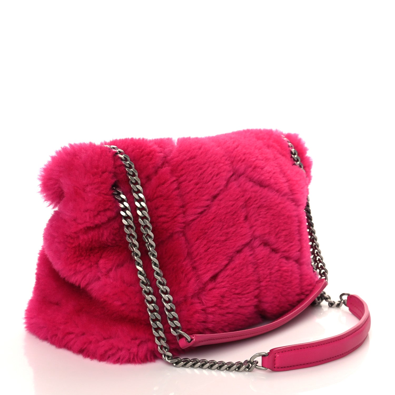Saint Laurent Merino Shearling Lambskin Quilted Small Loulou Puffer Monogram Chain Satchel Fuchsia 3 of 10