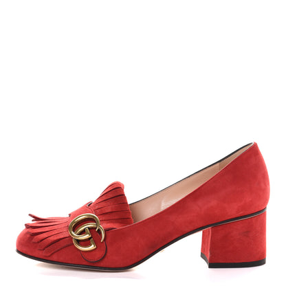 Gucci Kid Scamosciato GG Marmont Fringe 50mm Loafer Pumps 37.5 Vulcanic Red 1 of 9
