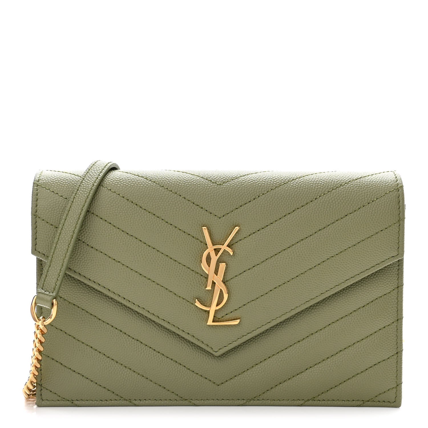product image of SAINT LAURENT Grain De Poudre Matelasse Chevron Monogram Envelope Chain Wallet Pistache FASHIONPHILE