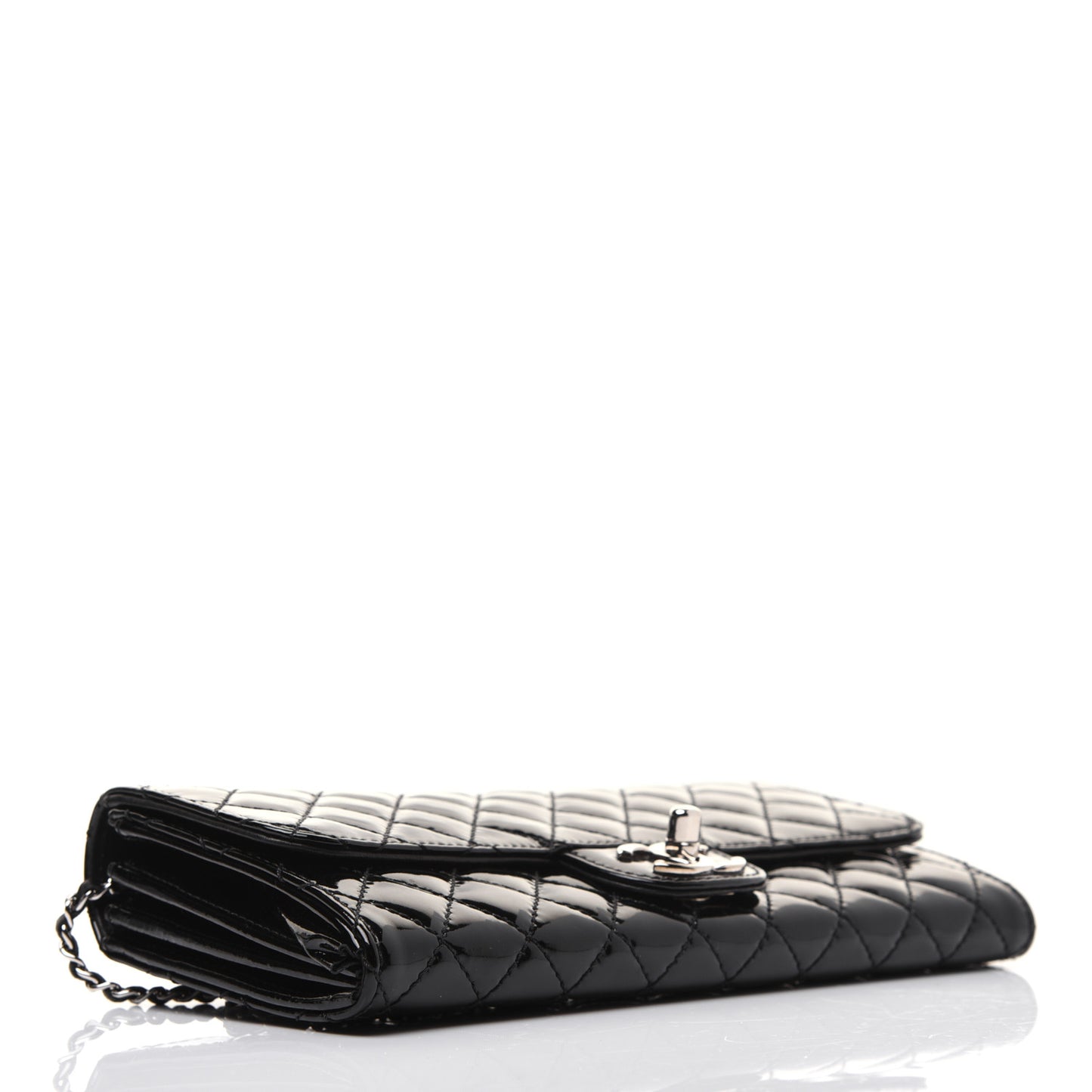Patent Calfskin Quilted Flap Clutch With Chain Black