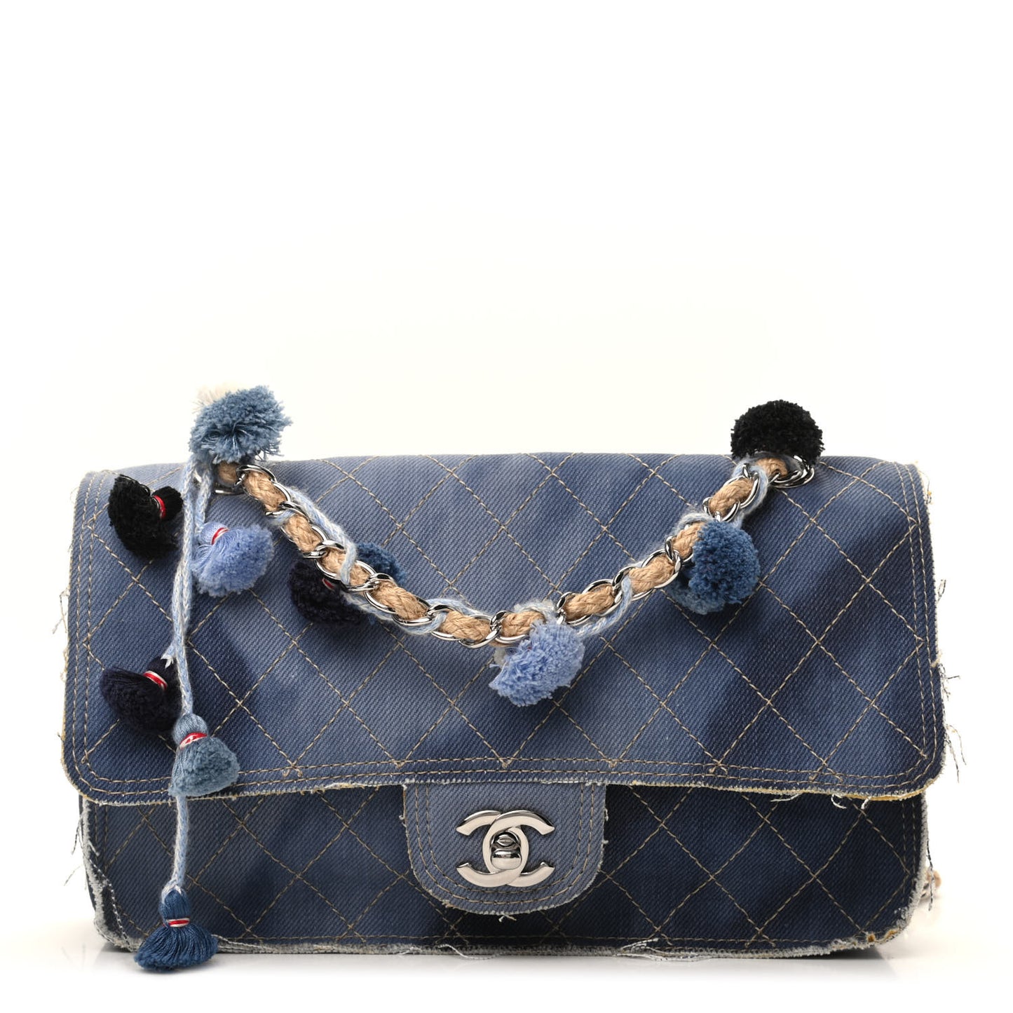 Denim Quilted Medium Pompom Flap Dark Blue