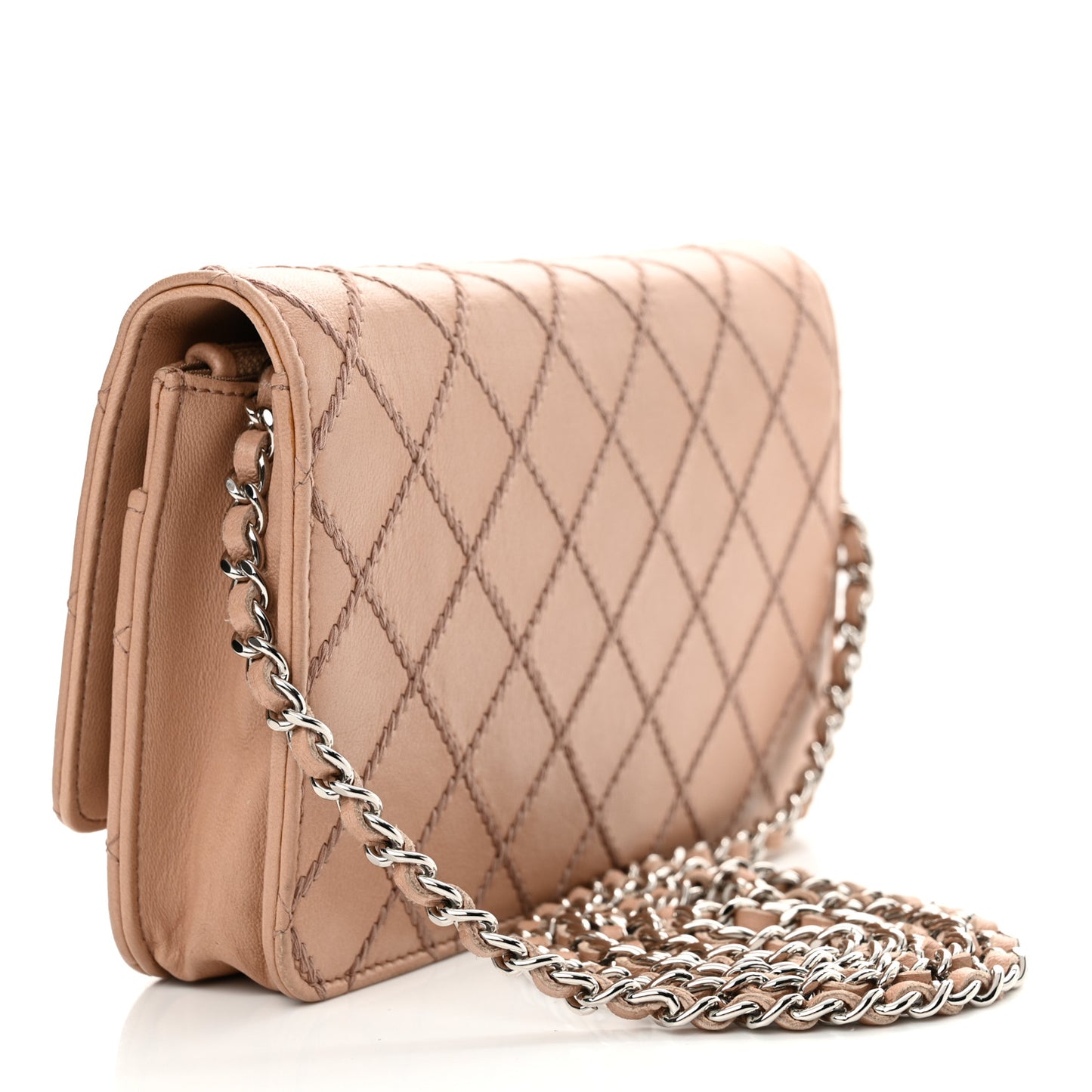 Calfskin Diamond Stitch Wallet On Chain WOC Beige