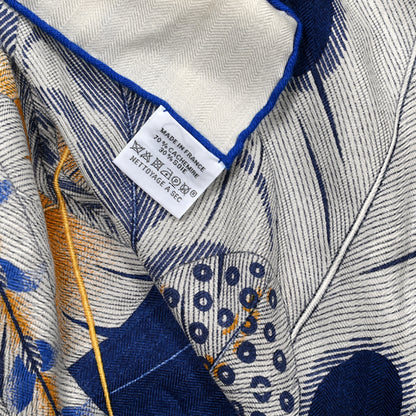 Hermes Cashmere Silk Plumes En Fete Shawl 140 White Bleu Gold 3 of 8