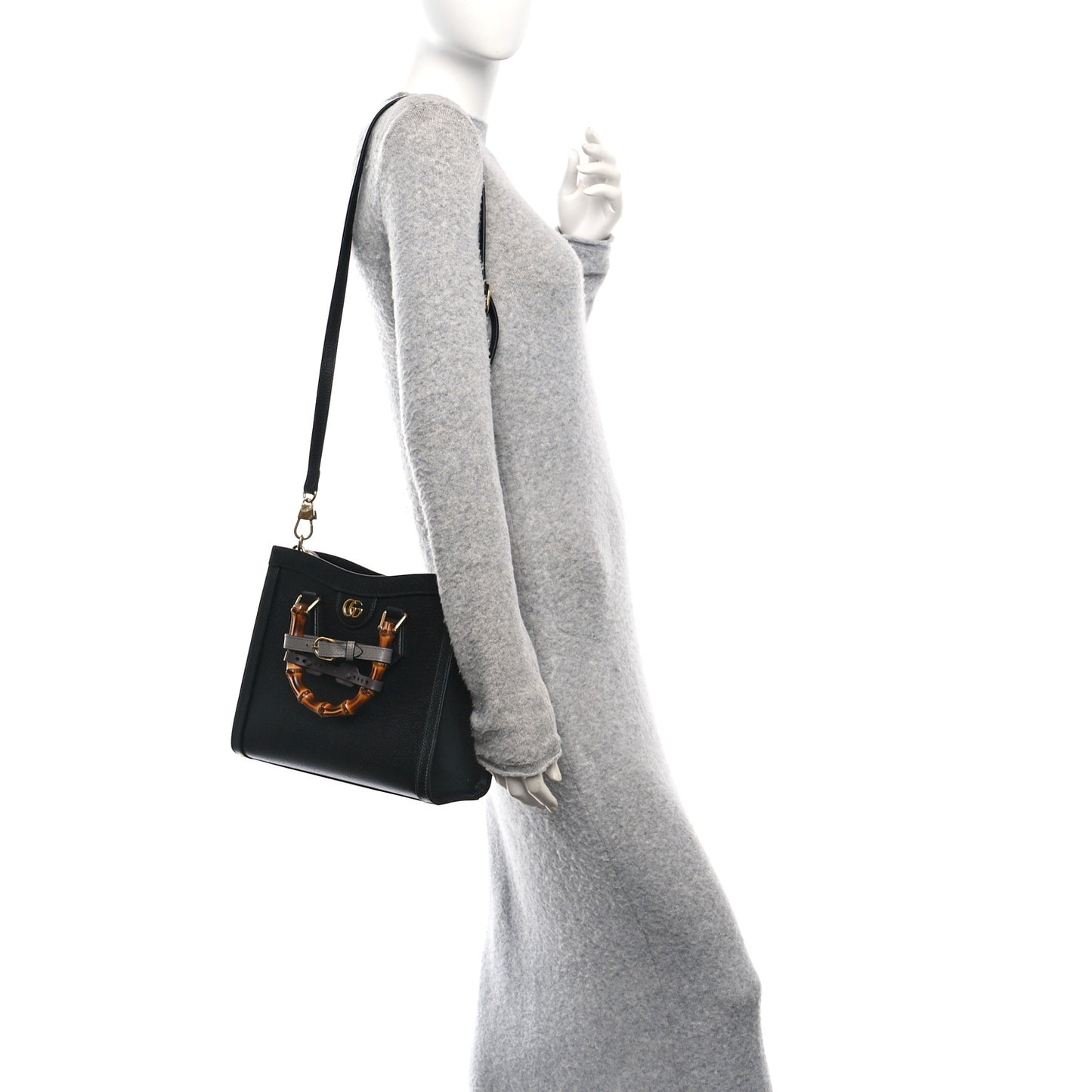 Textured Dollar Calfskin Web Small Diana Tote Bag Black Dusty Grey
