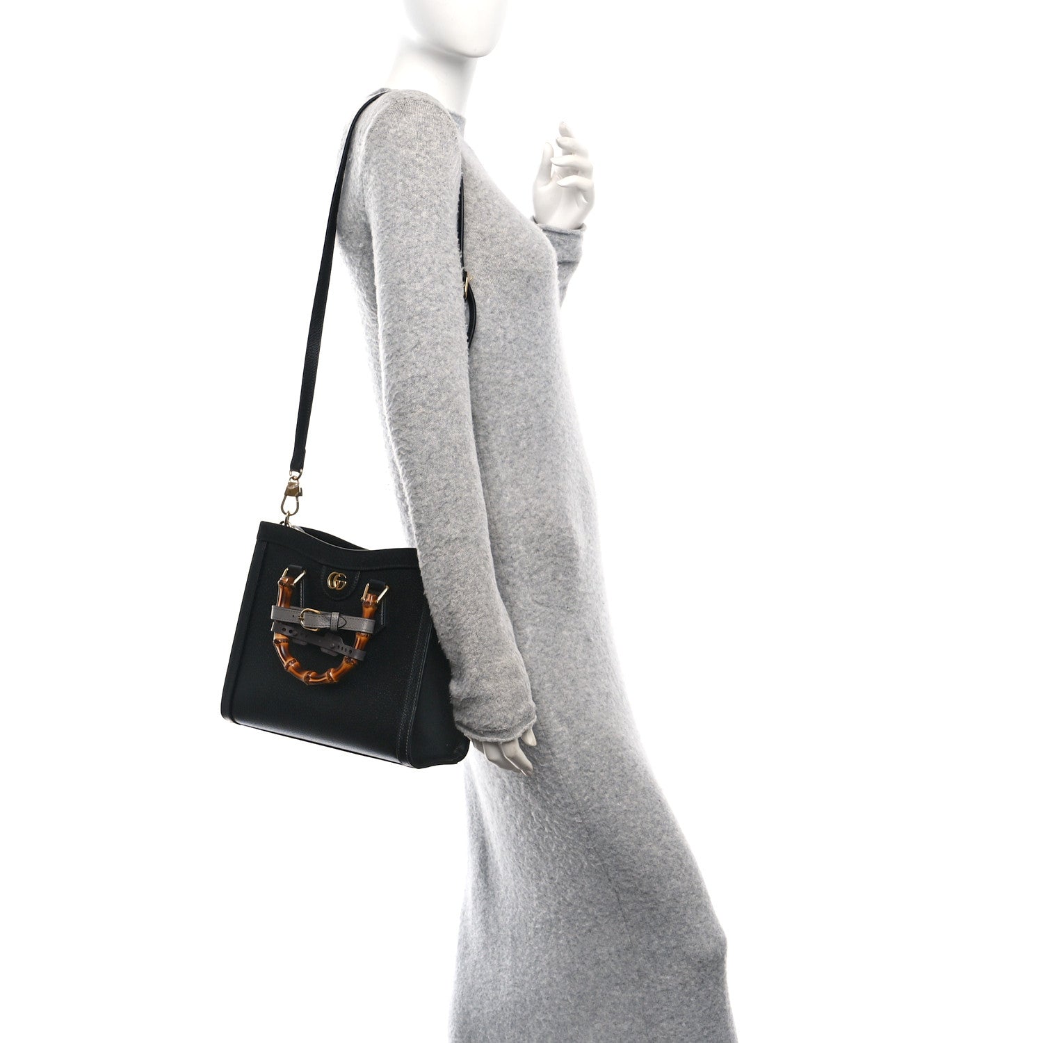 Gucci Textured Dollar Calfskin Web Small Diana Tote Bag Black Dusty Grey 2 of 10
