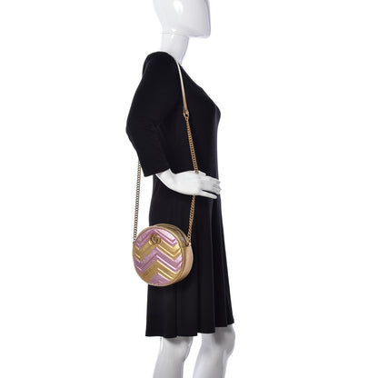 Gucci Metallic Calfskin Matelasse Mini GG Marmont Round Shoulder Bag Gold Pink 2 of 9