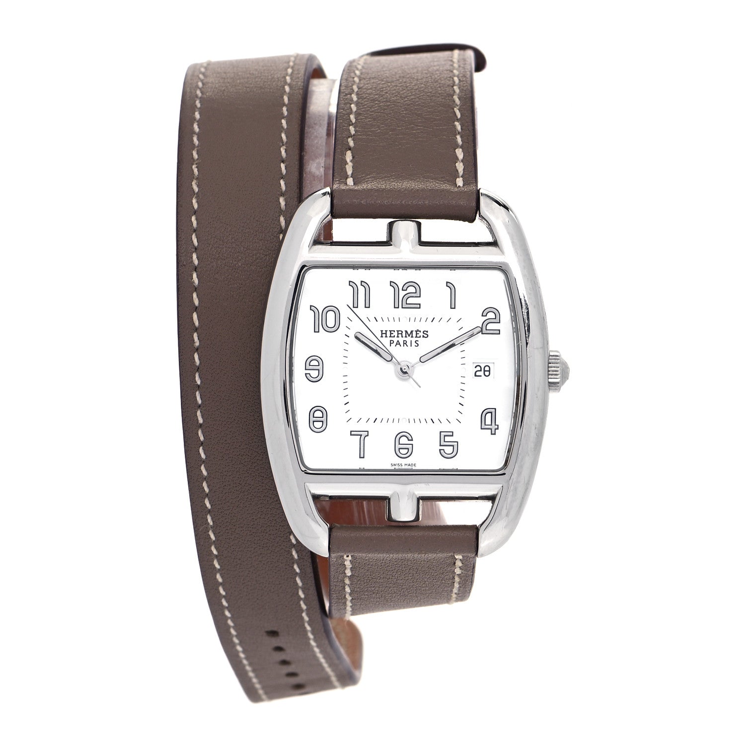 Hermes Stainless Steel Swift 33mm Cape Cod Tonneau Double Tour Quartz Watch Etoupe 1 of 5