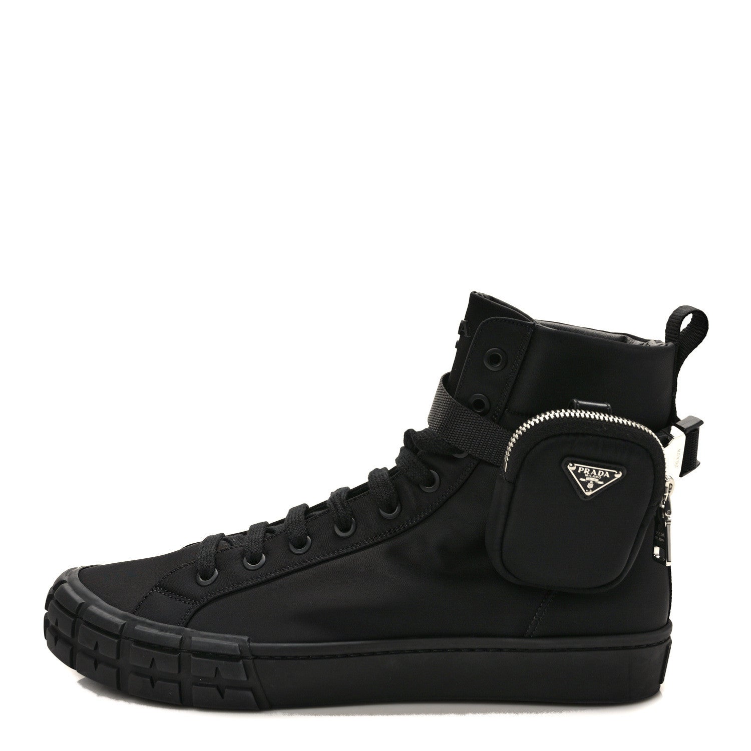 Prada Re-Nylon Gabardine Metal Triangle Logo Mens Wheel Pouch Pocket High Top Sneakers 12 Black 1 of 11