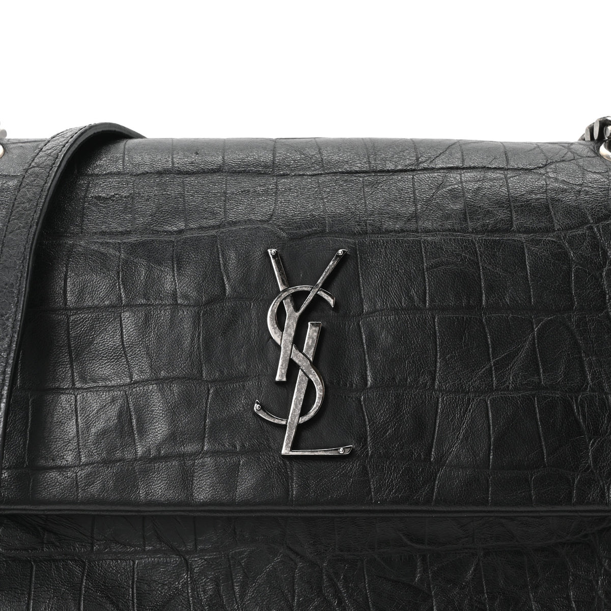 Saint Laurent Calfskin Crocodile Embossed Medium West Hollywood Monogram Fold-Over Black 8 of 10