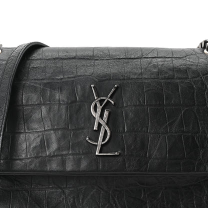 Saint Laurent Calfskin Crocodile Embossed Medium West Hollywood Monogram Fold-Over Black 8 of 10