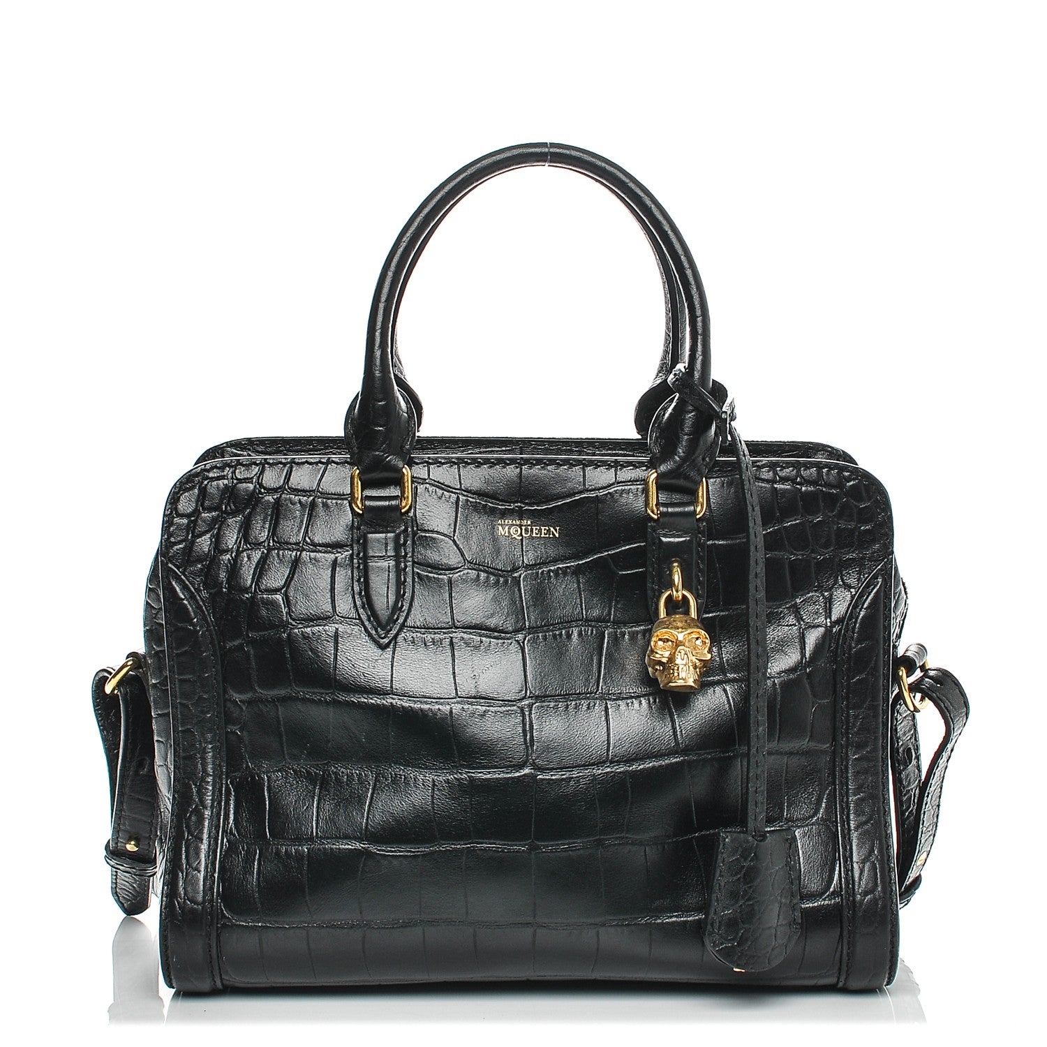Alexander McQueen Calfskin Crocodile Embossed Small Skull Padlock Zip Around Tote Black 1 of 6