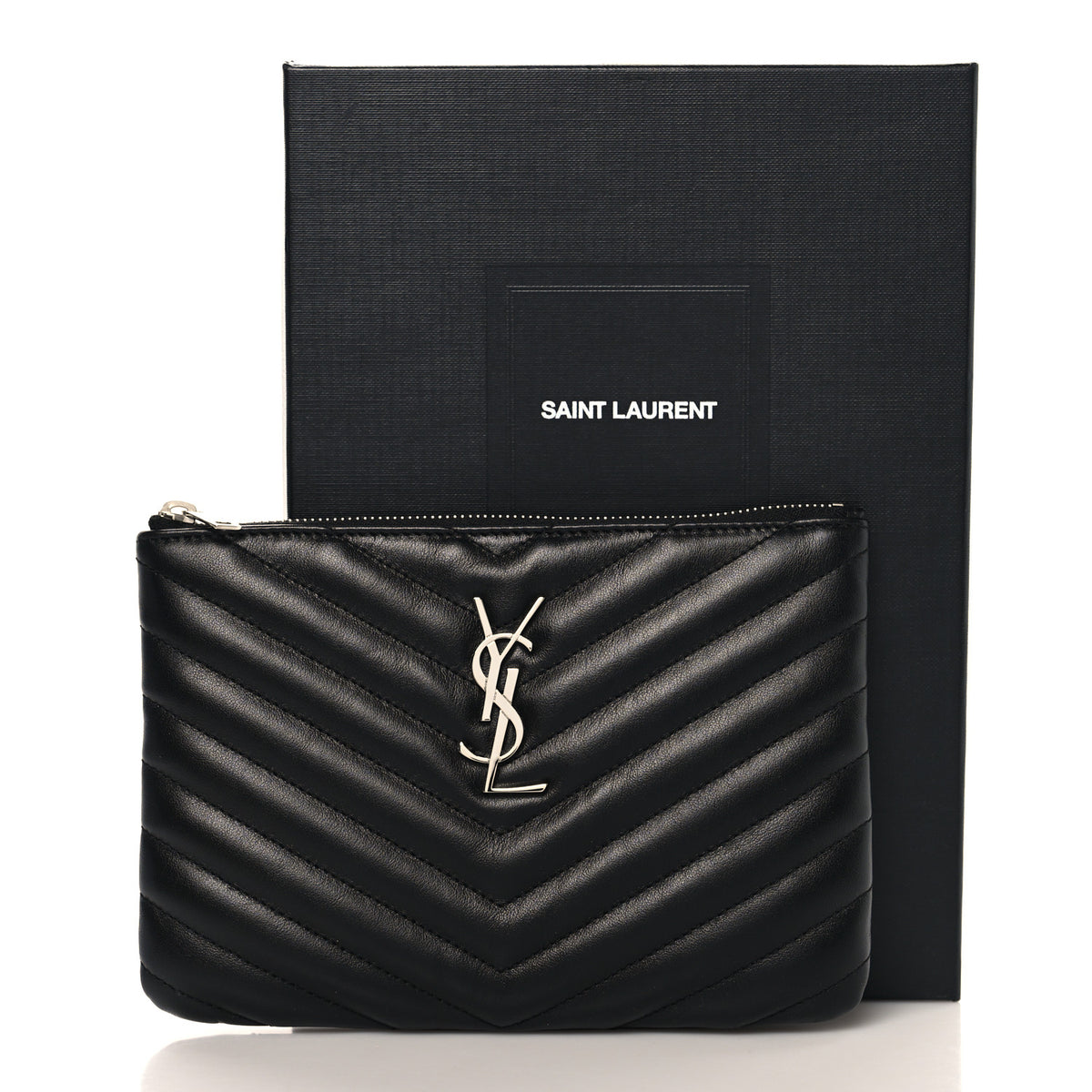 Saint Laurent Calfskin Matelasse Chevron Monogram Pouch Black 8 of 8