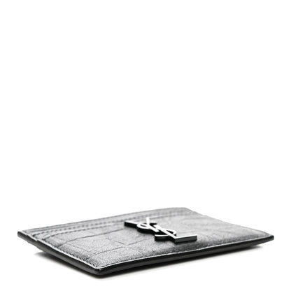 Saint Laurent Calfskin Crocodile Embossed Monogram Credit Card Case Black 4 of 8