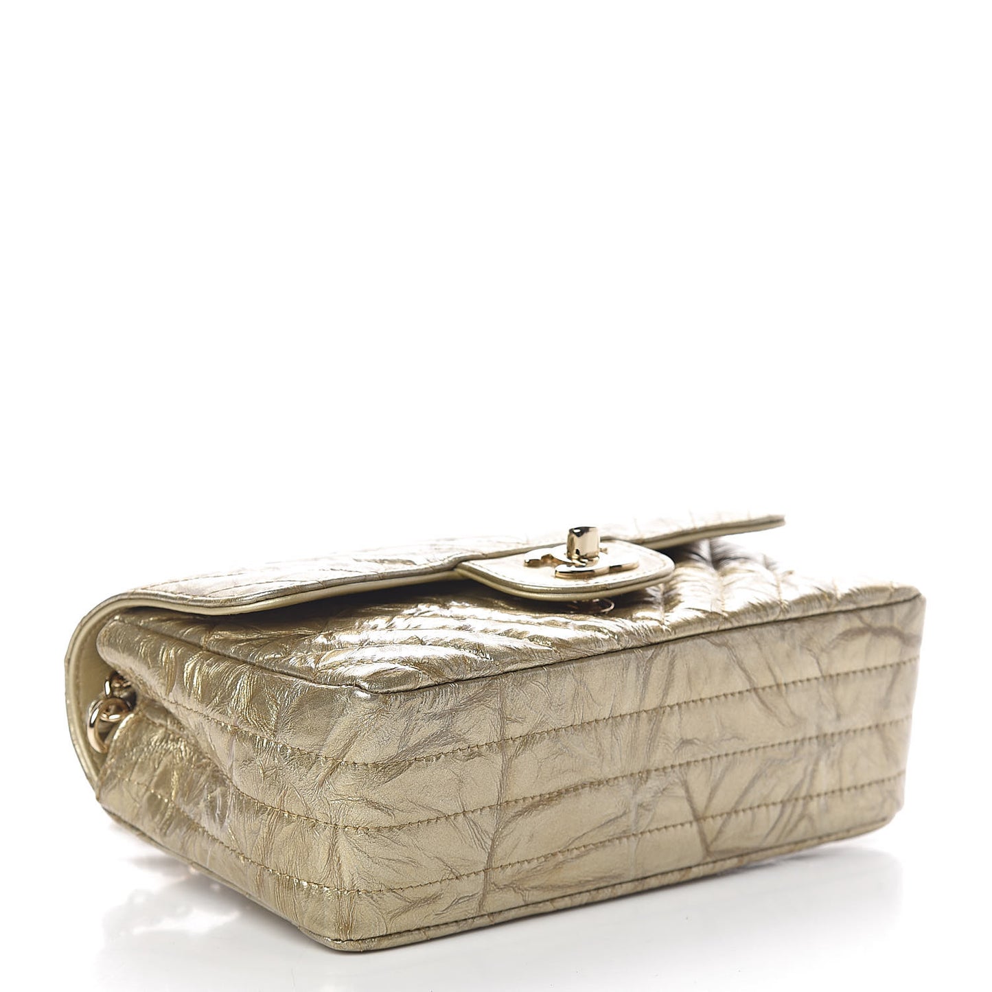 Patent Metallic Crumpled Calfskin Chevron Quilted Mini Rectangular Flap Gold